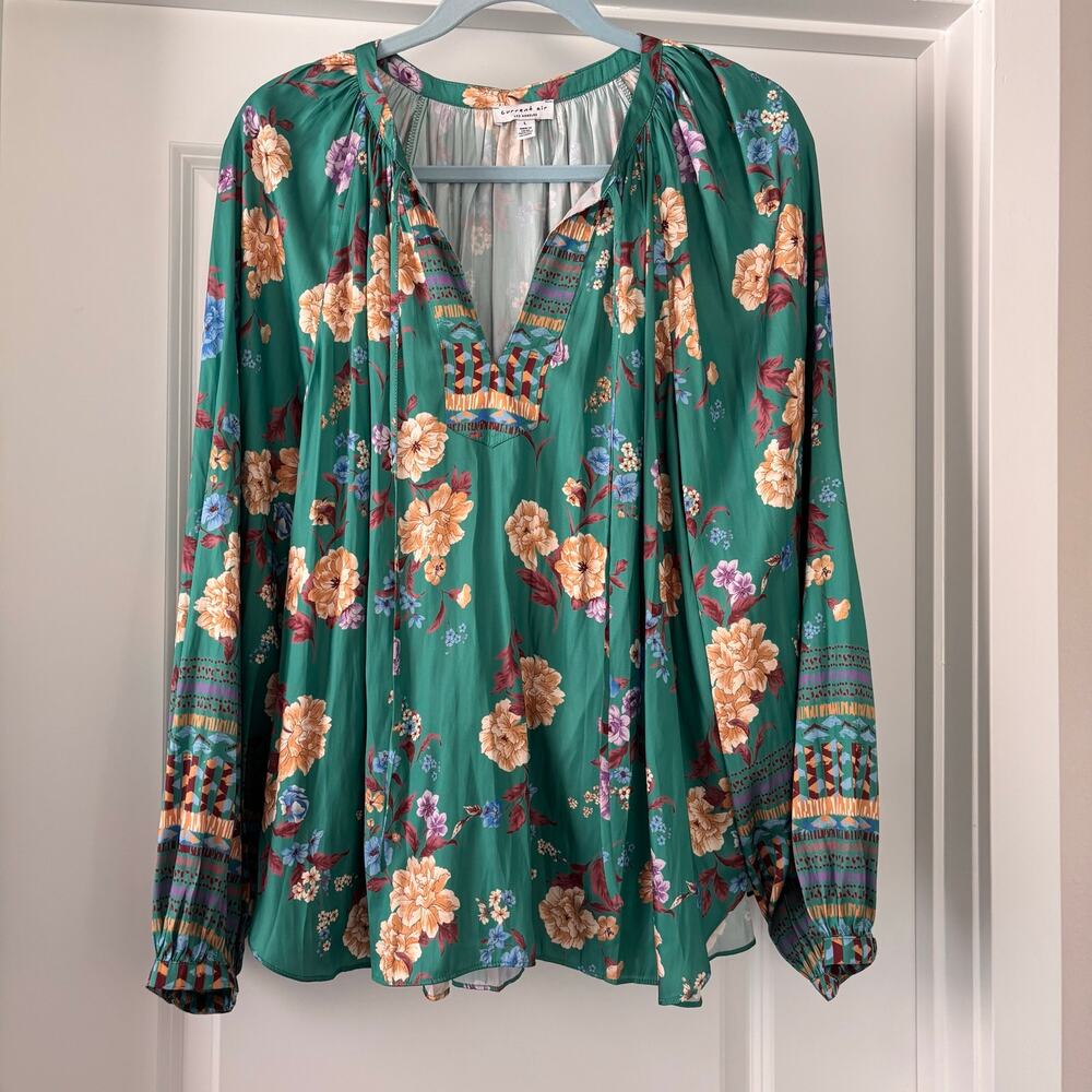 Current Air Green Floral Boho Peasant Blouse Size Large Romantic Bohemian EUC
